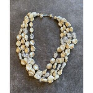 Four Strand Vintage Signed Japan Neutral Color Glass & Plastic Beaded Necklace